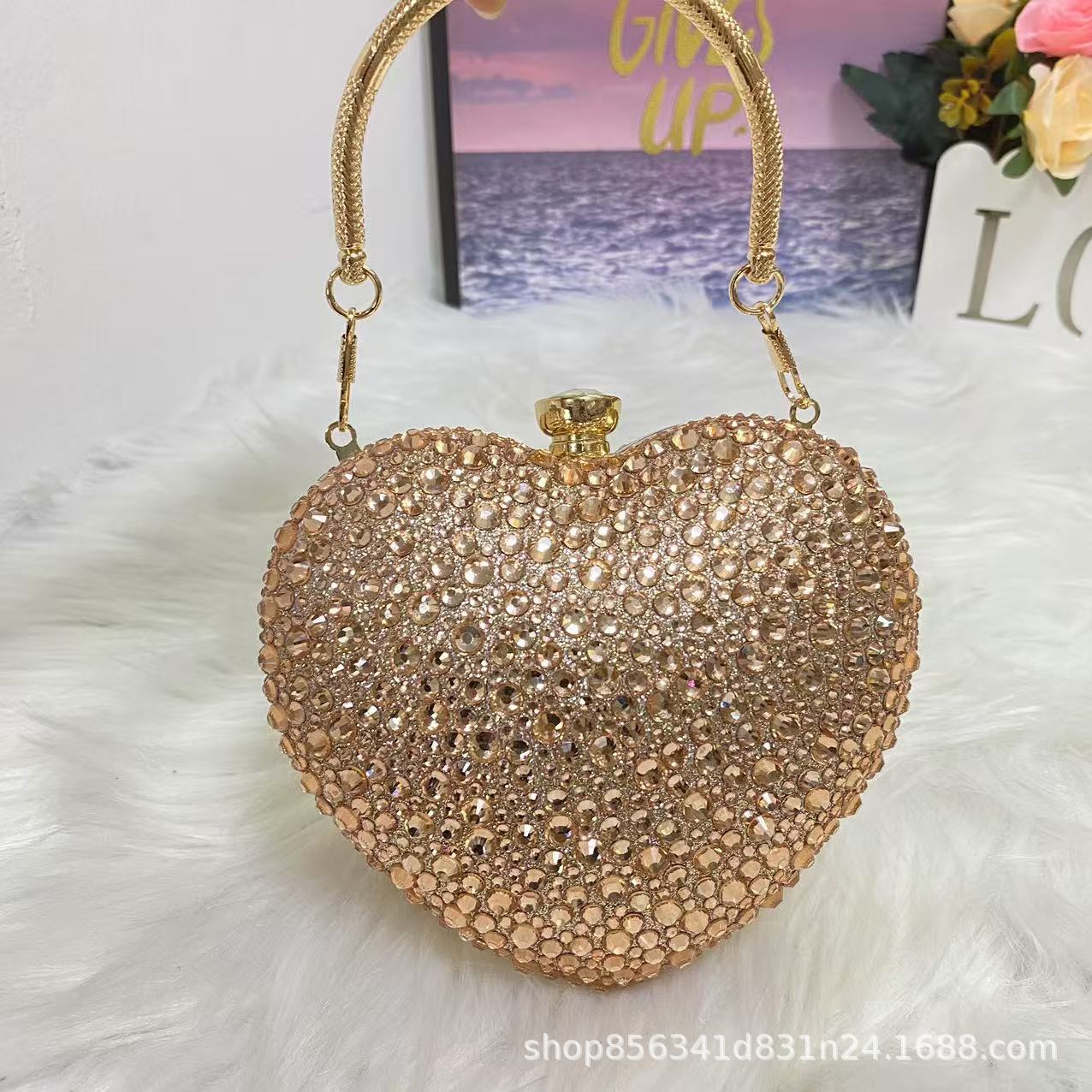 1Piece Rhinestone Mini Handbags Luxury Diamond Inlay Heart Shape Crystal Clutch Purse Evening Wedding Party Traveling Bag