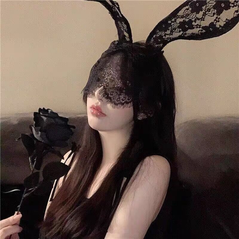 Black sexy cat's ears headband female lace face mask eye mask face covering gauze hairpin hair clip Halloween headwear