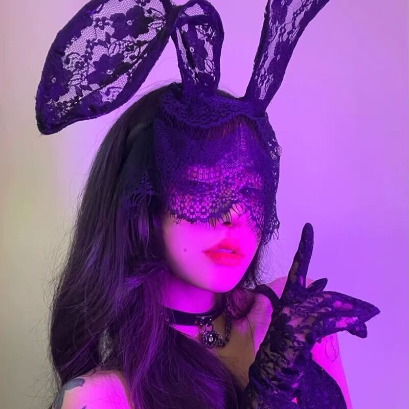 Black sexy cat's ears headband female lace face mask eye mask face covering gauze hairpin hair clip Halloween headwear