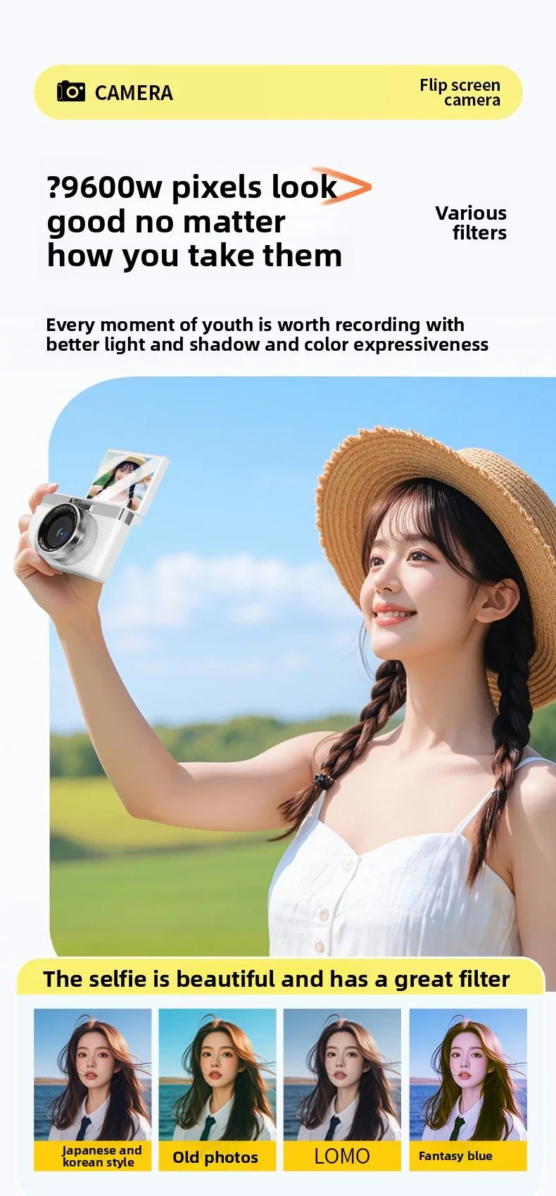 CCD Ultra HD Digital Camera 180° Flip Screen Cam 20MP Student Vlog for Campus 8x Zoom Ultra Light Selfie Digital Camcorder Gift