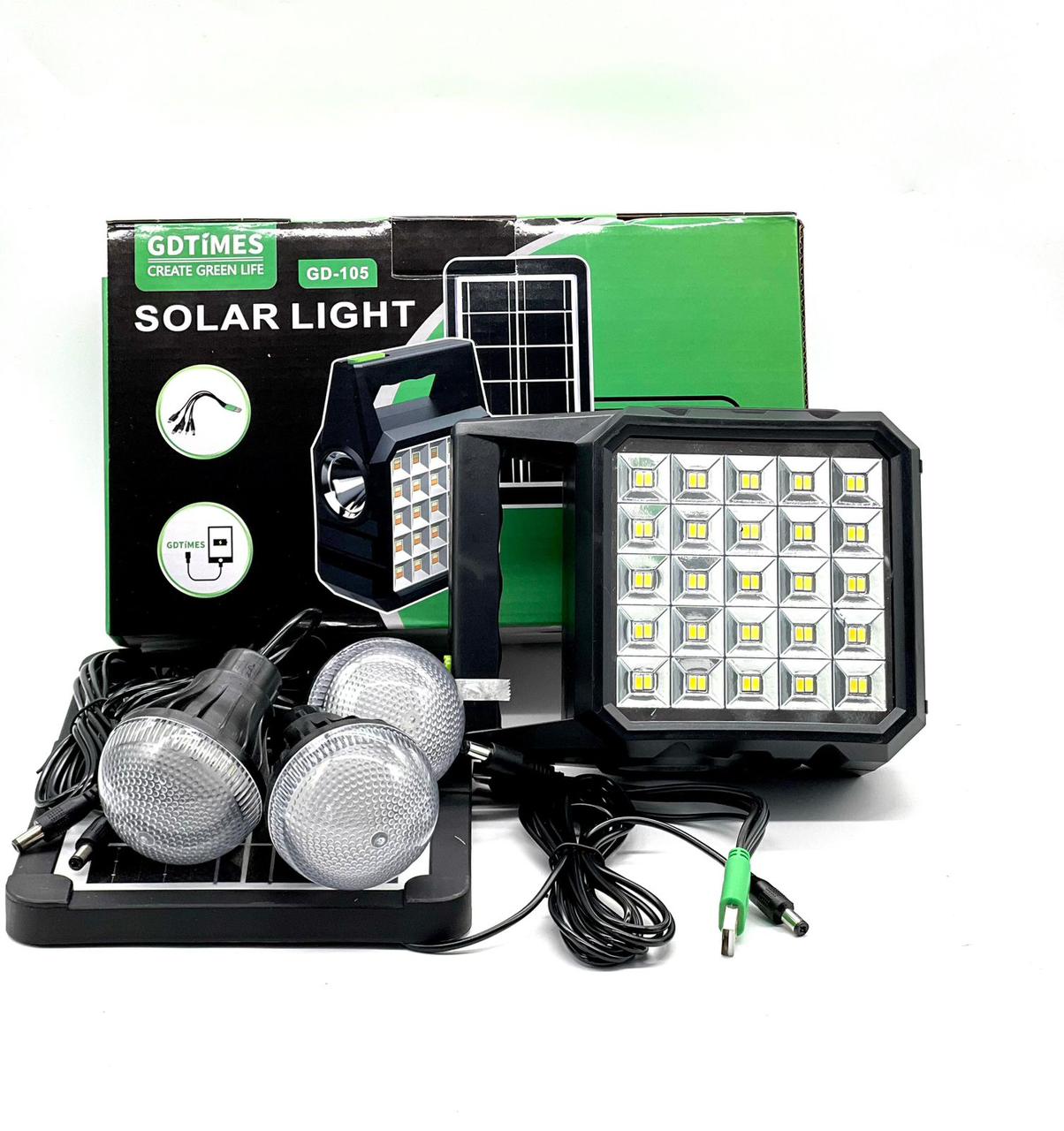 🎀GDTIMES Solar Lighting System with 3 Light Bulbs, Mobile Charging, Torch and solar panel📍Battery unit with built in LED searchlight and LED strip
- Weatherproof solar panel
- 3 detachable LED bulbs