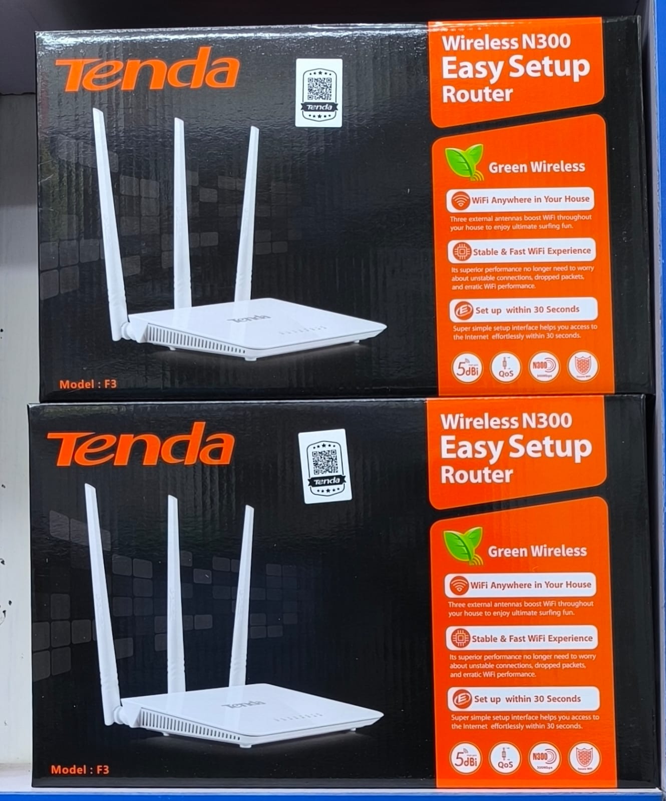 🎇tenda F3 N300 300 Mbps Wireless WiFi Router🎉Single-band 2.4GHz Wi-Fi for high-speed wireless transfer

● Three external 5dBi antennas for stronger network signal

● Ensures safe anĉd reliable surfi
