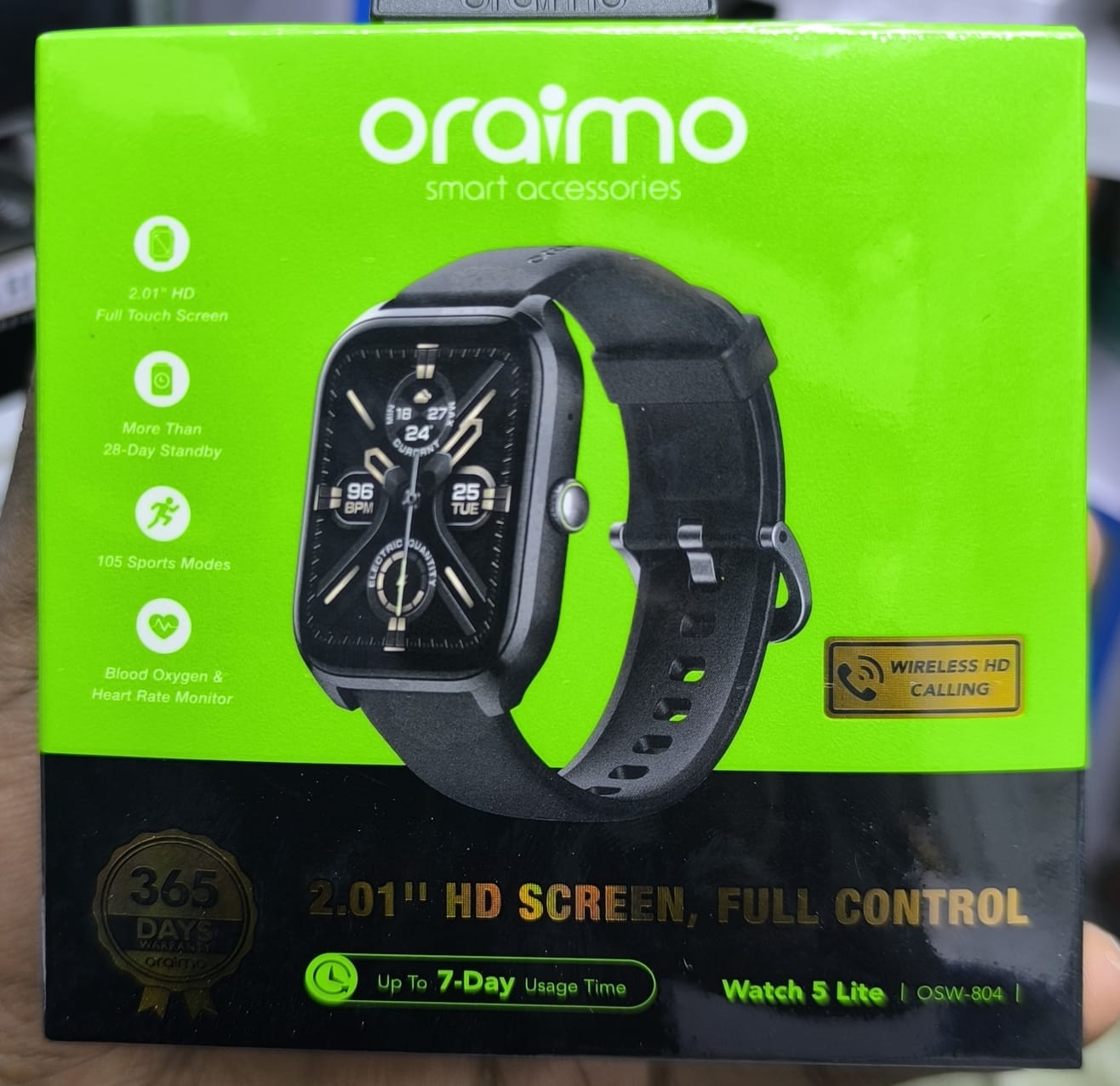 BEST PRODUCT🎇Oraimo Watch 5 Lite Smart Watch Smartwatch' Screen Bluetooth Durable Waterproof Dustproof🎇*Wireless HD calling 
*Full Touch screen 
*28 day standby 
*Blood oxygen and heart rate monitor