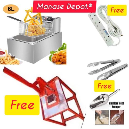 Energy Efficient Fryer Combo🎉ElectroMate 6L Stainless Steel Electric Deep Fryer + 4-Way Power Extension + Spatula + Standing Chips Cutter + Scooper🤑Durable Stainless Steel Construction: Rust-resista