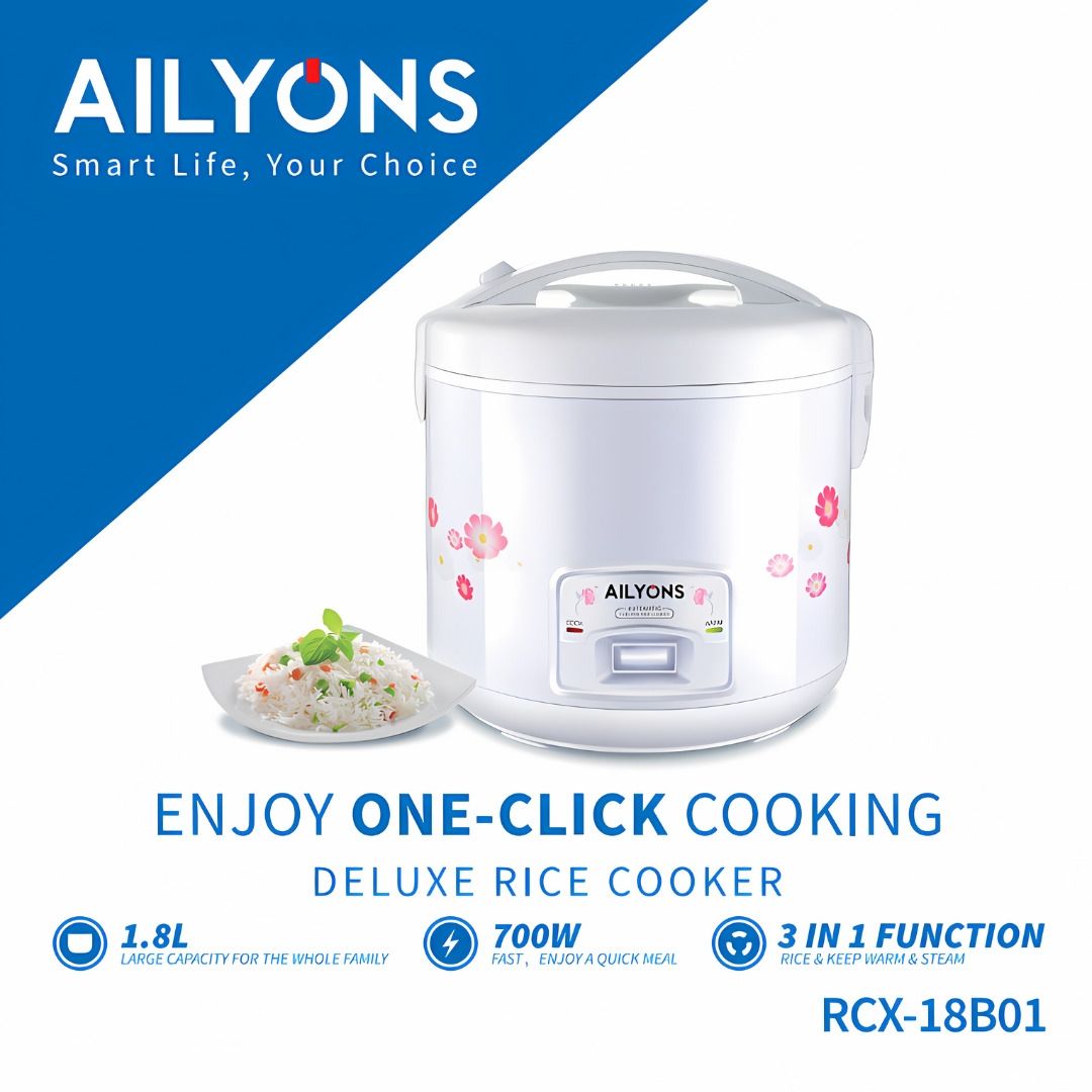 LIMITED OFFER🍵AILYONS RCX-18B01 Deluxe 1.8L Automatic Electric Rice Cooker 3 In 1 - White🍵precise temperature and will automatically set to 'keep warm' once its cooked to perfection. So you won't ha