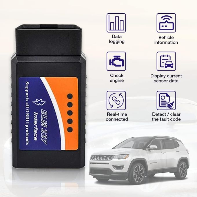 ELM327 OBD II Bluetooth Car Diagnostic Scanner
connects to your car and pairs with your smartphone, tablet, or PC via Bluetooth, allowing you  to easily read real-time car data, check fault codes