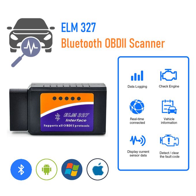 ELM327 OBD II Bluetooth Car Diagnostic Scanner
connects to your car and pairs with your smartphone, tablet, or PC via Bluetooth, allowing you  to easily read real-time car data, check fault codes