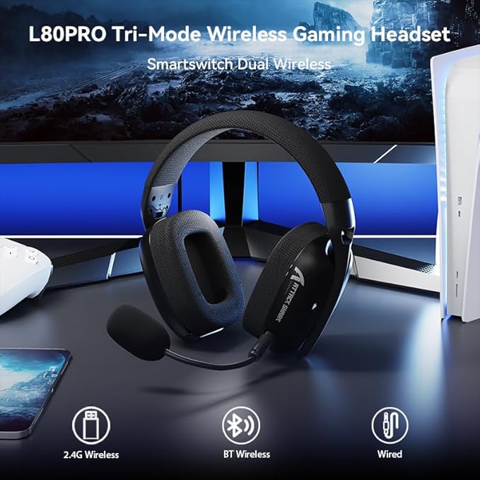 Attack Shark L80 Pro Wireless Gaming Headset | Bluetooth/2.4GHz Dual Mode | 7.1 Surround Sound | Noise Cancelling Mic | RGB LED | Long Battery Life | Pro Gaming Headphones