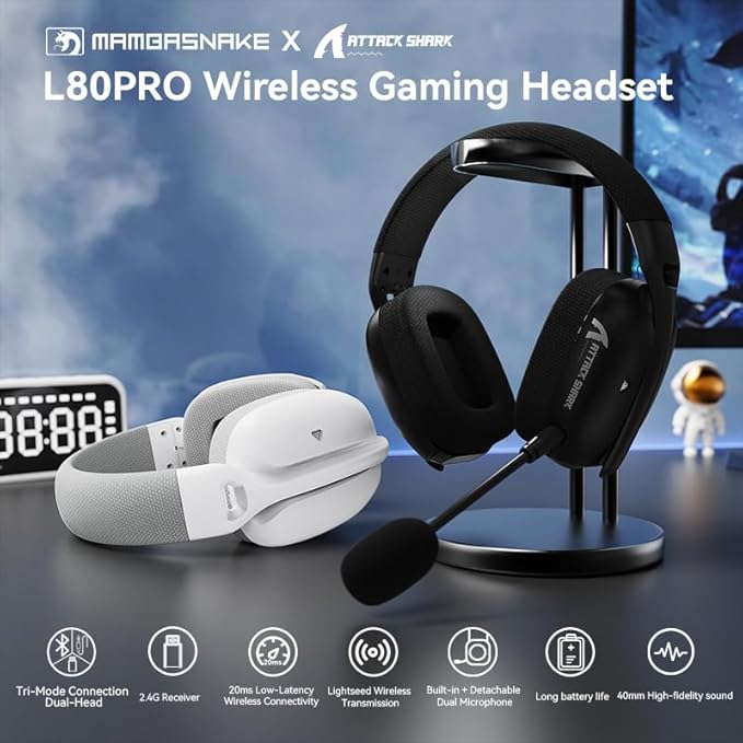 Attack Shark L80 Pro Wireless Gaming Headset | Bluetooth/2.4GHz Dual Mode | 7.1 Surround Sound | Noise Cancelling Mic | RGB LED | Long Battery Life | Pro Gaming Headphones