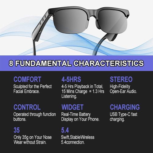 YooType YJ-02 Smart Glasses Wireless Bluetooth 5.3 Calling Music Playback Voice Assistant Remote Control Built-in Mic & Open Ear Speakers IPX4 Waterproof Sunglasses Comfortable and Secure Fit