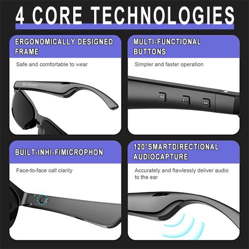 YooType YJ-02 Smart Glasses Wireless Bluetooth 5.3 Calling Music Playback Voice Assistant Remote Control Built-in Mic & Open Ear Speakers IPX4 Waterproof Sunglasses Comfortable and Secure Fit