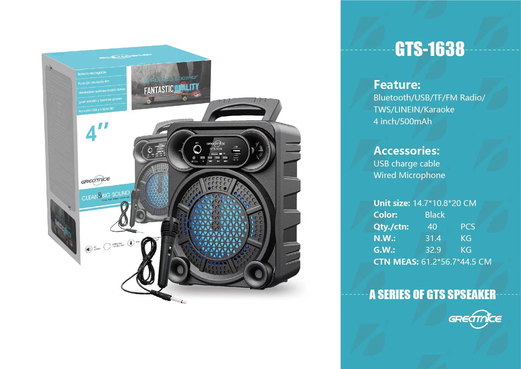 YooType GTS1638 Portable Wireless Bluetooth Speaker With Microphone FM Radio TWS USB Playback TF Card Sound Box Colorful Lights 500mAh 360 Surround Sound High-quality Black