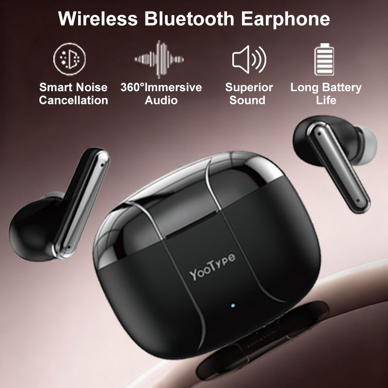 YooType K14 Wireless Bluetooth Earphones True Wireless Earbuds for Noise Suppression Pure Bass Sound 400mAh with Intelligent Touch in Black with Mic Earpods Suitable for ios Android and Windows