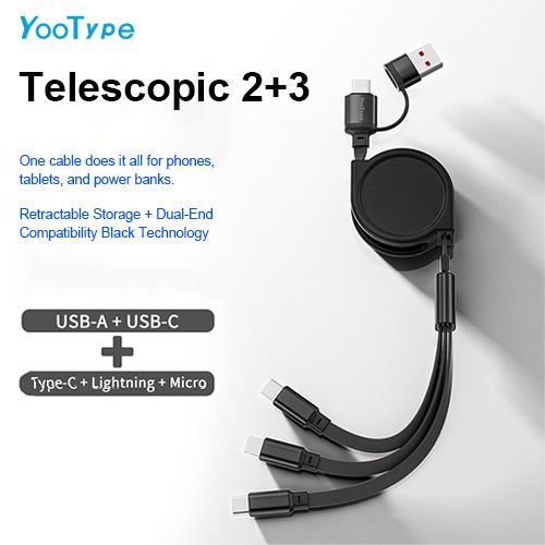 YooType SG003 3 IN 2 Fast Charging Cable 1.1m Retractable Data Cable Multiports Type-C Micro Lightning for iOS Android Mobile Phones Tablets Power Banks Durable Cord for Home Car Office Travel