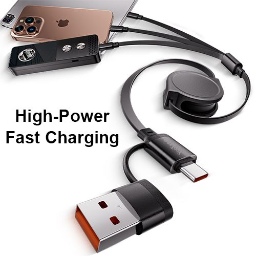 YooType SG003 3 IN 2 Fast Charging Cable 1.1m Retractable Data Cable Multiports Type-C Micro Lightning for iOS Android Mobile Phones Tablets Power Banks Durable Cord for Home Car Office Travel