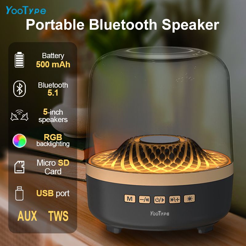 Portable Bluetooth Speaker YooType RGB Colorful Lights Wireless Soundbox Super High Bass Crystal Clear Stereo TWS USB TF Card AUX Support 360 Surround Sound Outdoor Party Home Black Gold