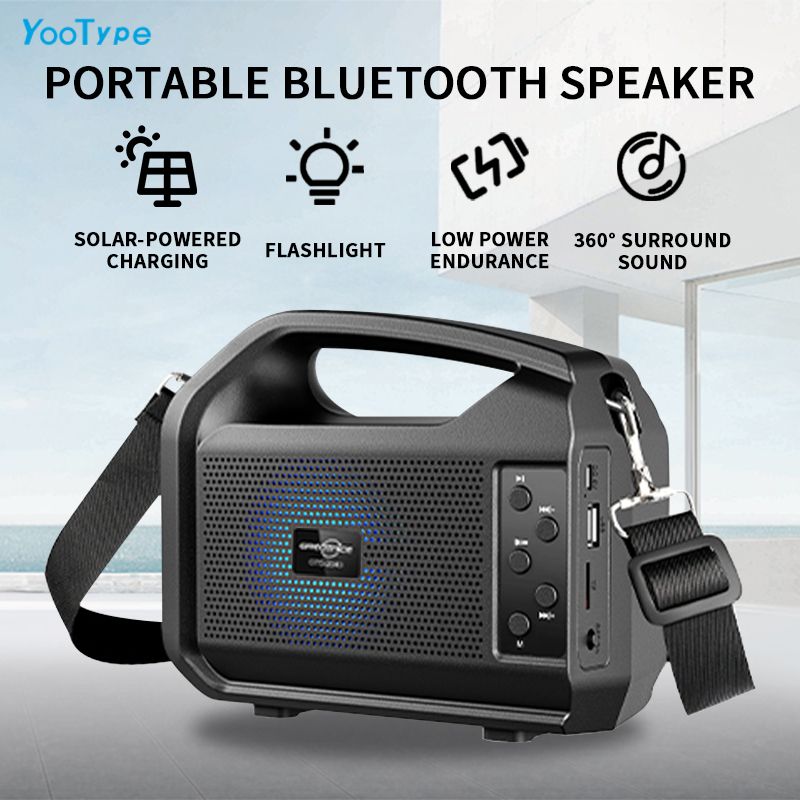 YooType GTS2040 Solar Charging Speakers Portable Wireless Bluetooth Speaker with Emergency Light Flashlight & Solar Panel & FM Radio TWS USB Playback TF Card Sound Box 1200mAh Waterproof Design Black