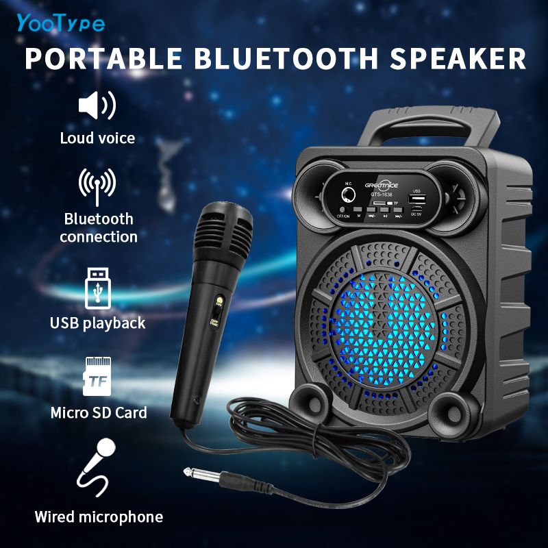 YooType GTS1638 Portable Wireless Bluetooth Speaker With Microphone FM Radio TWS USB Playback TF Card Sound Box Colorful Lights 500mAh 360 Surround Sound High-quality Black
