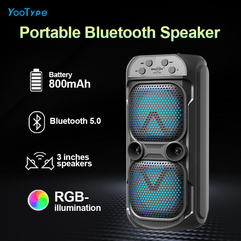 YooType GTS2165 Dual-Channel Stereo Speaker Portable Wireless Bluetooth Speaker with FM Radio TWS USB Playback TF Card Sound Box 800mAh Colorful Light 360 Surround Sound High-quality Black