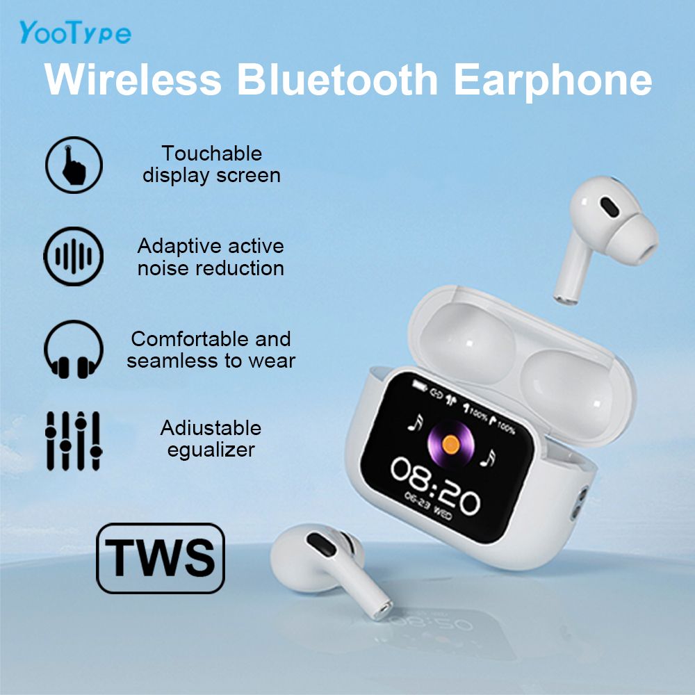 YooType E11 Touch Screen Wireless Earphones Color Display Smart ANC Noise Cancelling Bluetooth Earbuds HD Voice Call Deep Bass Stereo Sound Wireless Charging Case 36H Playtime for iOS Android Phones