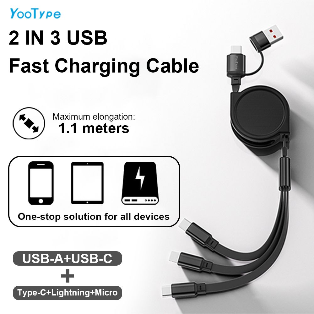 YooType SG003 3 IN 2 Fast Charging Cable 1.1m Retractable Data Cable Multiports Type-C Micro Lightning for iOS Android Mobile Phones Tablets Power Banks Durable Cord for Home Car Office Travel