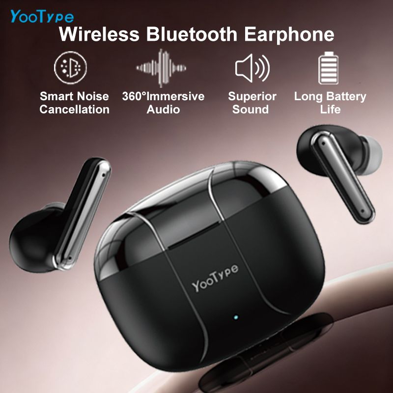 YooType K14 Wireless Bluetooth Earphones True Wireless Earbuds for Noise Suppression Pure Bass Sound 400mAh with Intelligent Touch in Black with Mic Earpods Suitable for ios Android and Windows