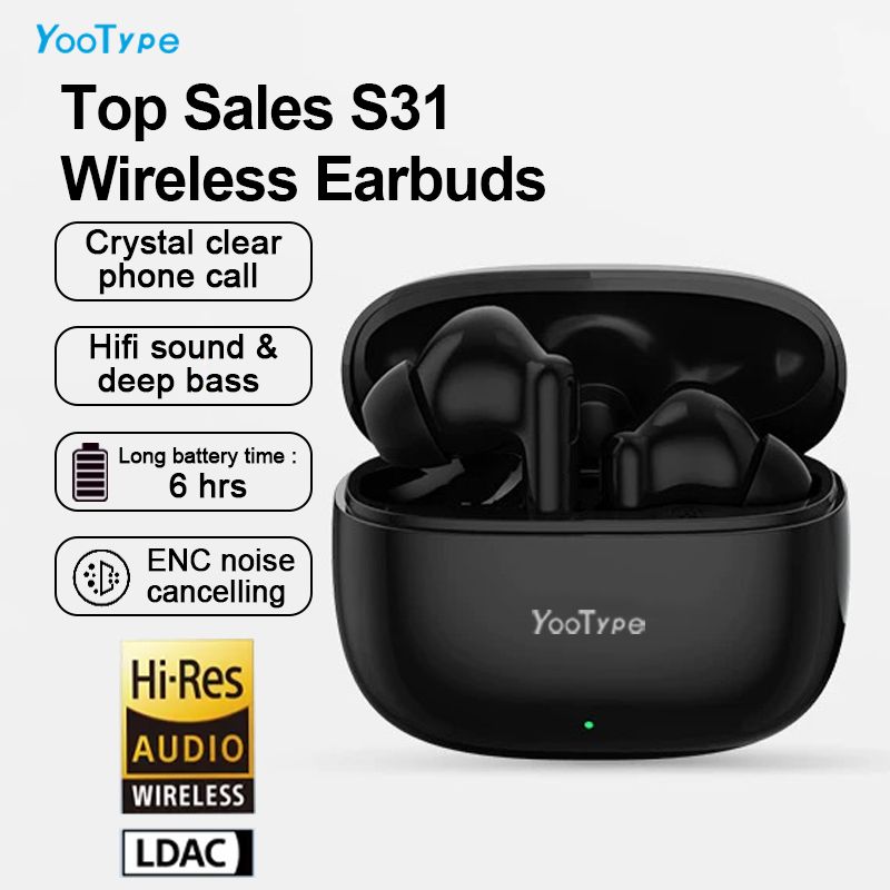 YooType S31 5.4 Wireless Headest Bluetooth Earphones,ENC Stereo Earpods with Microphone Bass Noise Suppression In-Ear 300mAh Black 20 Hours Operation Black Suitable for ios Android and Windows