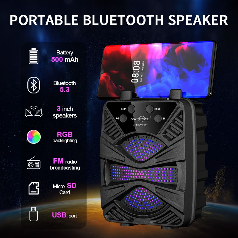 YooType GTS2422 Portable Bluetooth Speaker with Phone Holder Stand, 5W Wireless Speaker with FM Radio, TWS, USB/TF Card Playback, 360 Surround Sound, Black