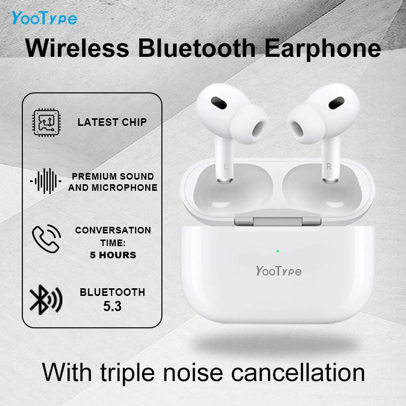 YooType Wireless Bluetooth Earbuds 5.3 Triple Noise Cancellation Headphones Hi-Res Audio Stereo Sound 5H Playtime Multi-Size Ear Tips White In Ear Sports Earphones with Mic Touch Control iOS Android