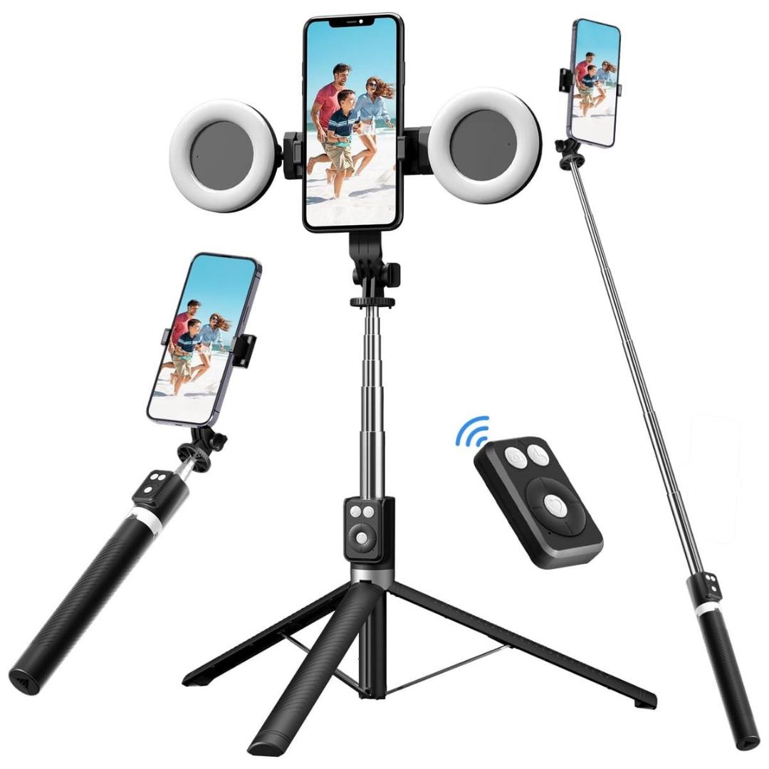 Selfie stick tripod stand with 2 ring light