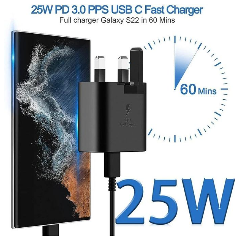 Samsung 25Watts Super Fast Charger, Adapter With Type C Output For Galaxy A06, A07, A17, A16, A26,A36,A56, A05, A05s, A14, A15, A23, A24, A25, A33, A34, A35, A53, A54, A55, A74, S24 Ultra, S25 ultra