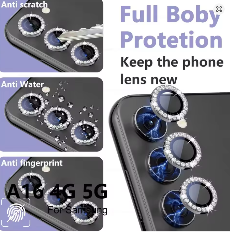 Samsung Galaxy A16 4G 5G Diamond Camera Lens Protector Shiny Tempered Glass Back Lens Cover Aluminum Metal Ring Galaxy
