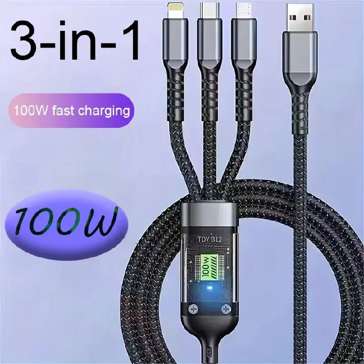 3 In 1 100W LED Digital Display USB cable Type C Usb Micro For Iphone Samsung Huawei Xiaomi Multi Port Multiple Charging Wire