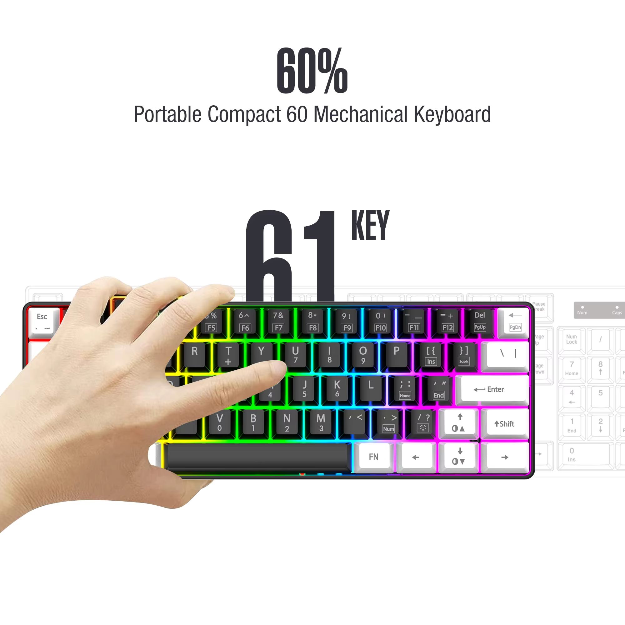 60% wired game keyboard, RGB backlit ultra-compact mini keyboard, waterproof mini compact 61 keys, suitable for PC/Mac gamers, t