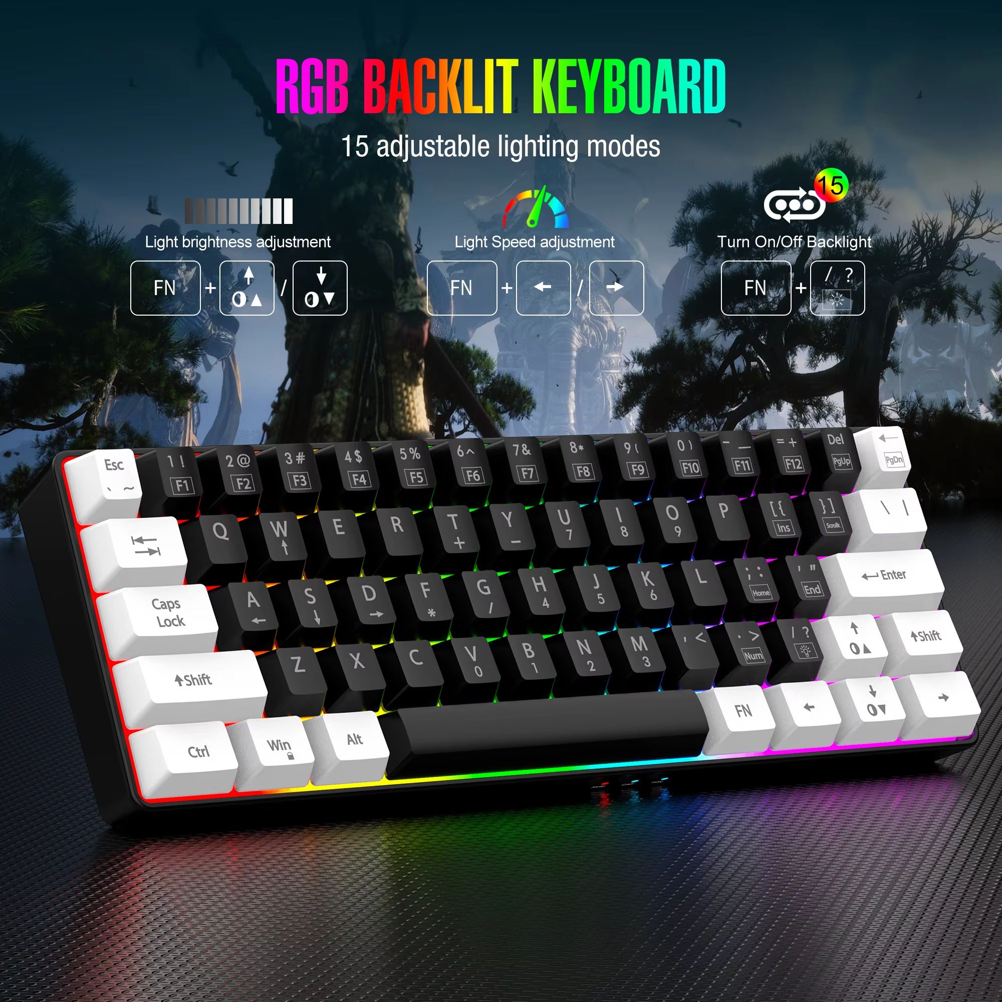 60% wired game keyboard, RGB backlit ultra-compact mini keyboard, waterproof mini compact 61 keys, suitable for PC/Mac gamers, t