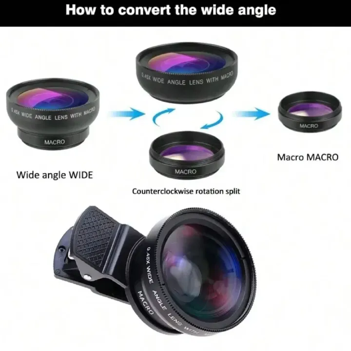 2 In 1 Clip On Phone Lens Kit 37mm 0 45X Super Wide Angle Macro HD Camera Lens for Mobile Phones