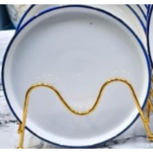 12pcs White  dinner set with blue ring. Dine in style
▪️4 Big plates 
▪️4 Side plates
▪️4 Bowls
 Elegant Ceramic Tableware – Durable, Stylish & Perfect for Family Dining or Guests