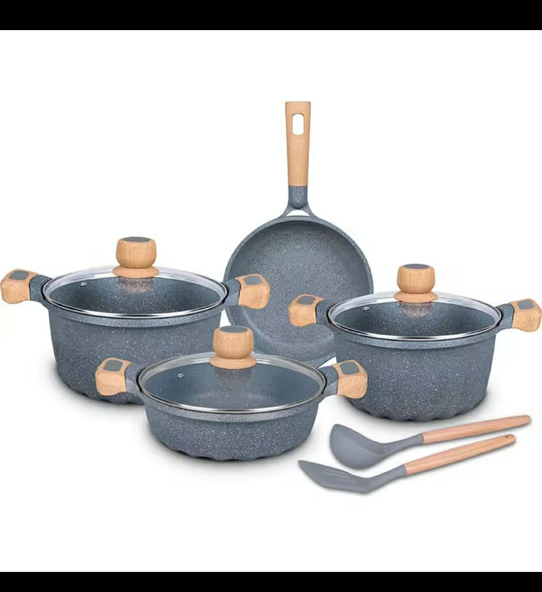 CClife Heavy duty cookware 11pcs with bamboo handle. With 28cm casserole, 24cm casserole, 20cm casserole, 28cm shallow casserole, 28cm fry Pan and 2pcs silicone serving spoon. Available in Grey