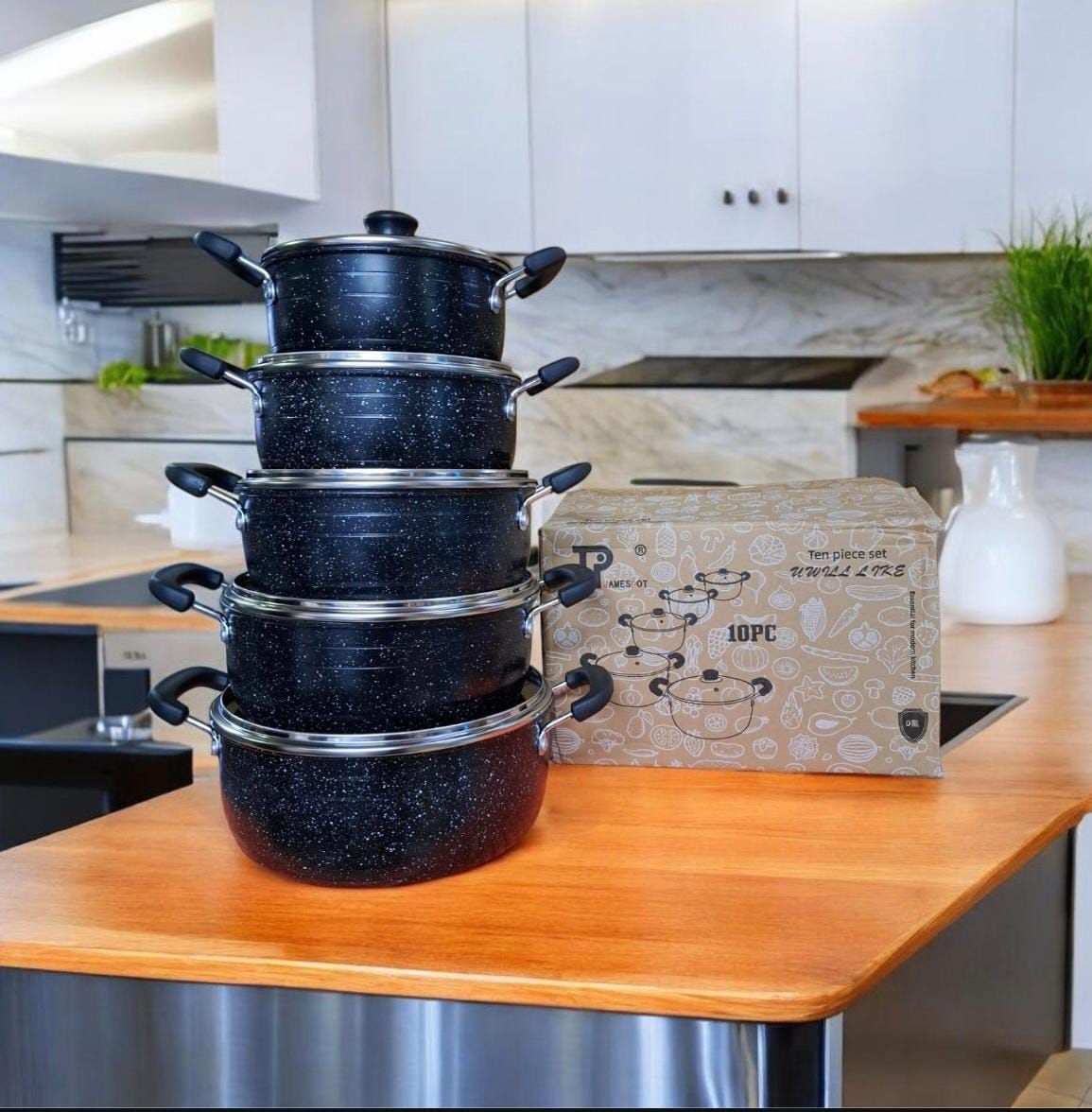 JP 10 pcs granite  nonstick cookware pots, Heavy Non-Stick Granite Cooking Pot/Sufuria With Pan Cookware set Jamespot.