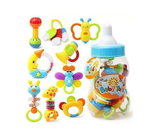 Rattle & Teething Toys Set with Bottle Storage – Safe BPA-Free Infant Rattles, Soft Silicone Teethers & Sensory Toddler Shakers for Newborn Development, Gift Set for Boys & Girls