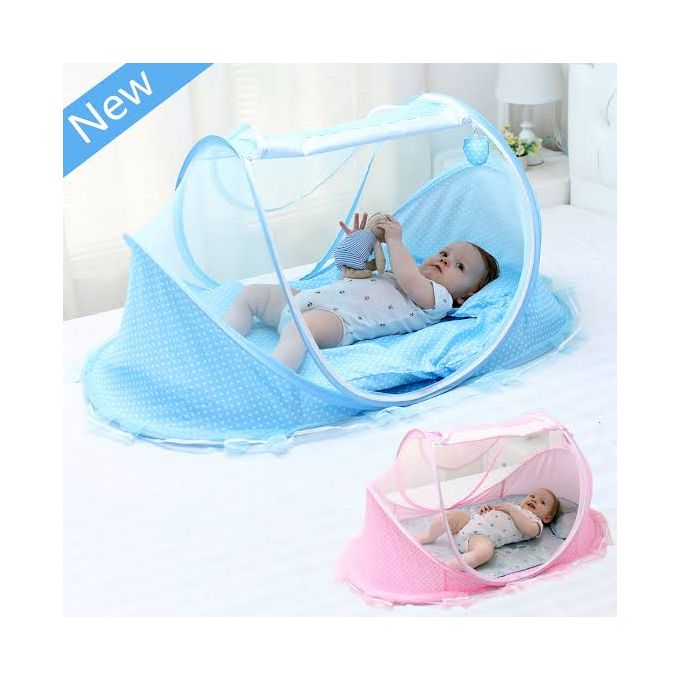 Baby Portable Bed with Cushioned Fibre Mattress & Pink/Blue Mosquito Net – Lightweight Foldable Newborn Sleeping Nest, Breathable & Comfortable Infant Travel Bed with Insect Protection