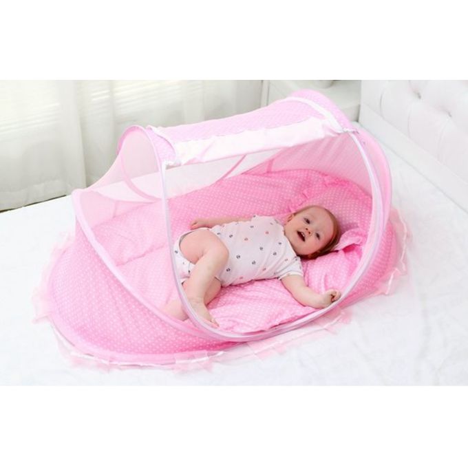 Baby Portable Bed with Cushioned Fibre Mattress & Pink/Blue Mosquito Net – Lightweight Foldable Newborn Sleeping Nest, Breathable & Comfortable Infant Travel Bed with Insect Protection