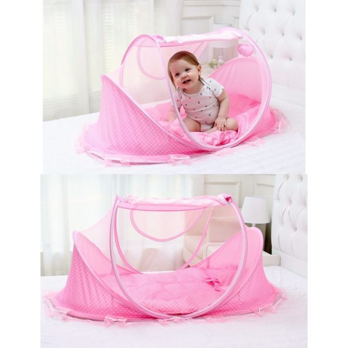 Baby Portable Bed with Cushioned Fibre Mattress & Pink/Blue Mosquito Net – Lightweight Foldable Newborn Sleeping Nest, Breathable & Comfortable Infant Travel Bed with Insect Protection