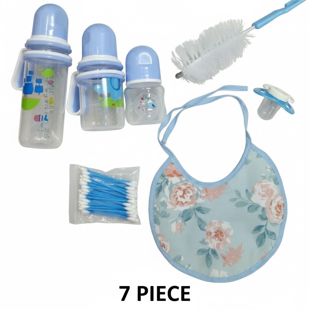 7PCS Complete Baby Feeding & Care Set | BPA-Free Bottles, Bib, Brush, Pacifier & Buds | Safe Newborn Infant Essentials Gift
