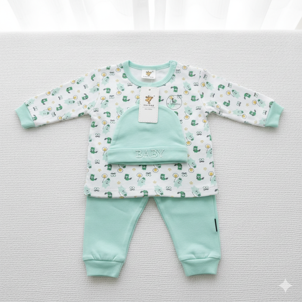 3-Piece Baby clothing Set: Long-Sleeve Top, Trousers & Hat | Pure Cotton Comfort for Infants (Unisex Styles)