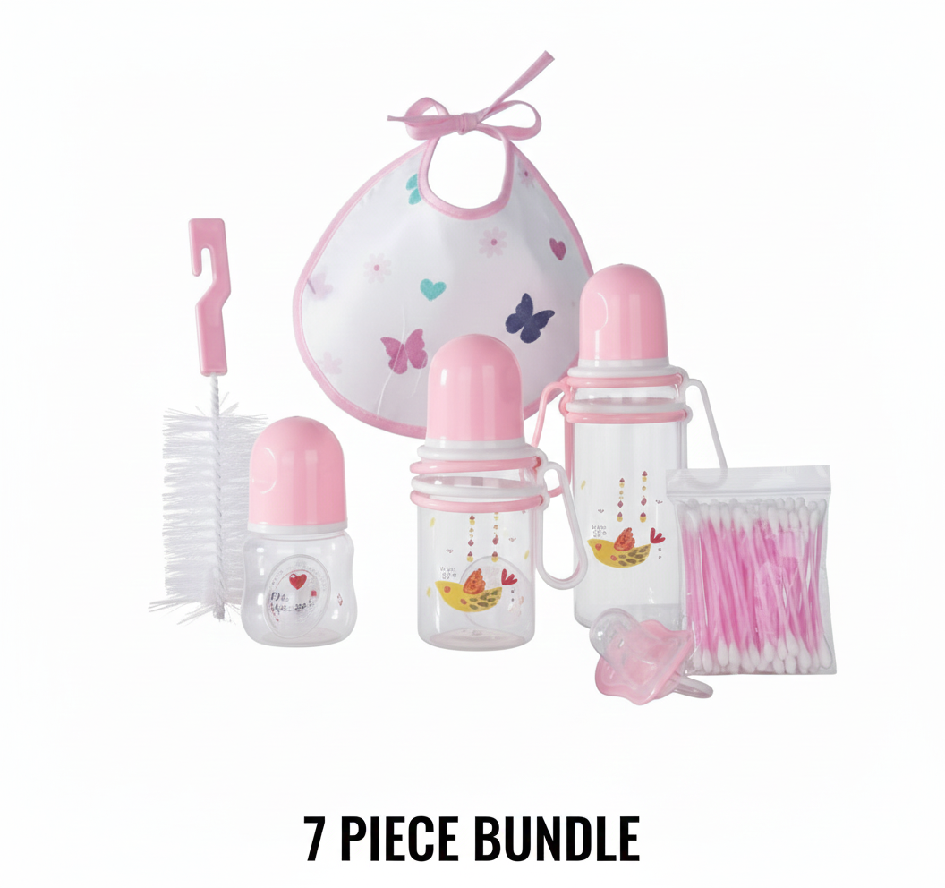 7PCS Complete Baby Feeding & Care Set | BPA-Free Bottles, Bib, Brush, Pacifier & Buds | Safe Newborn Infant Essentials Gift