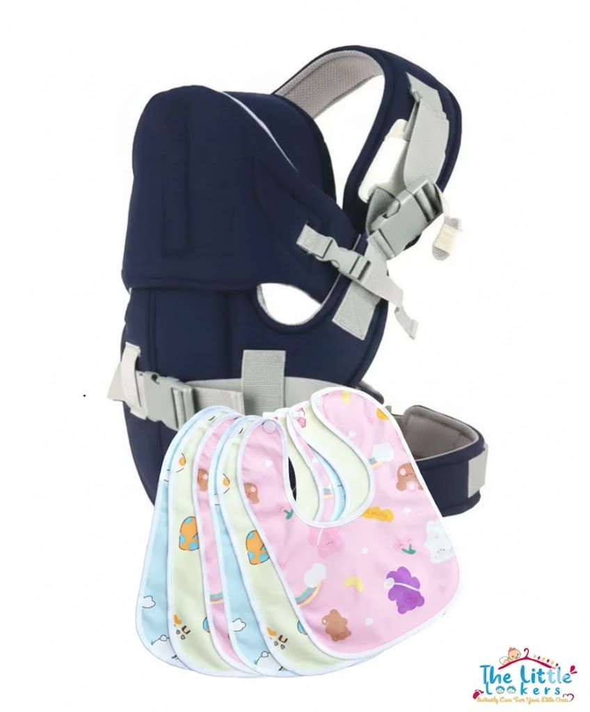 Breathable 3D Mesh Baby Carrier w/ Hip Seat (0-20kg) + 6pcs Soft, Adjustable Bibs Combo - Travel & Everyday Comfort