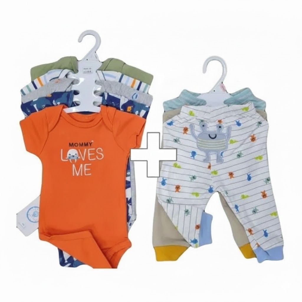 10-Piece Baby Value Combo: 5PCS Long-Sleeve Onesies + 5PCS Matching Trousers | 100% Pure Cotton Essential Set