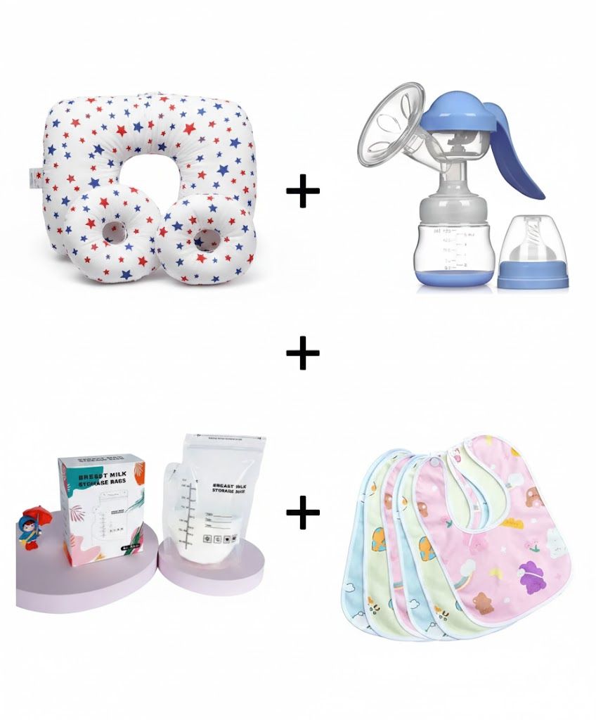 Newborn Feeding Essentials Bundle: 3-in-1 Nursing Pillow, Manual Breast Pump, 30pcs milk  Storage Bags, 6Drool Bibs.
