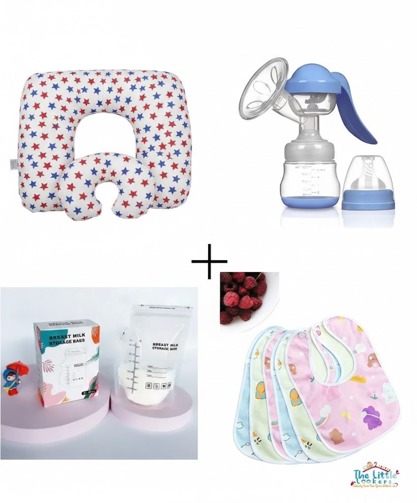 Newborn Feeding Essentials Bundle: 3-in-1 Nursing Pillow, Manual Breast Pump, 30pcs milk  Storage Bags, 6Drool Bibs.